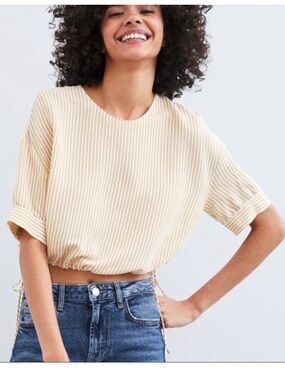 Zara large striped crop top yellow white short sleeve summer casual blouse tan